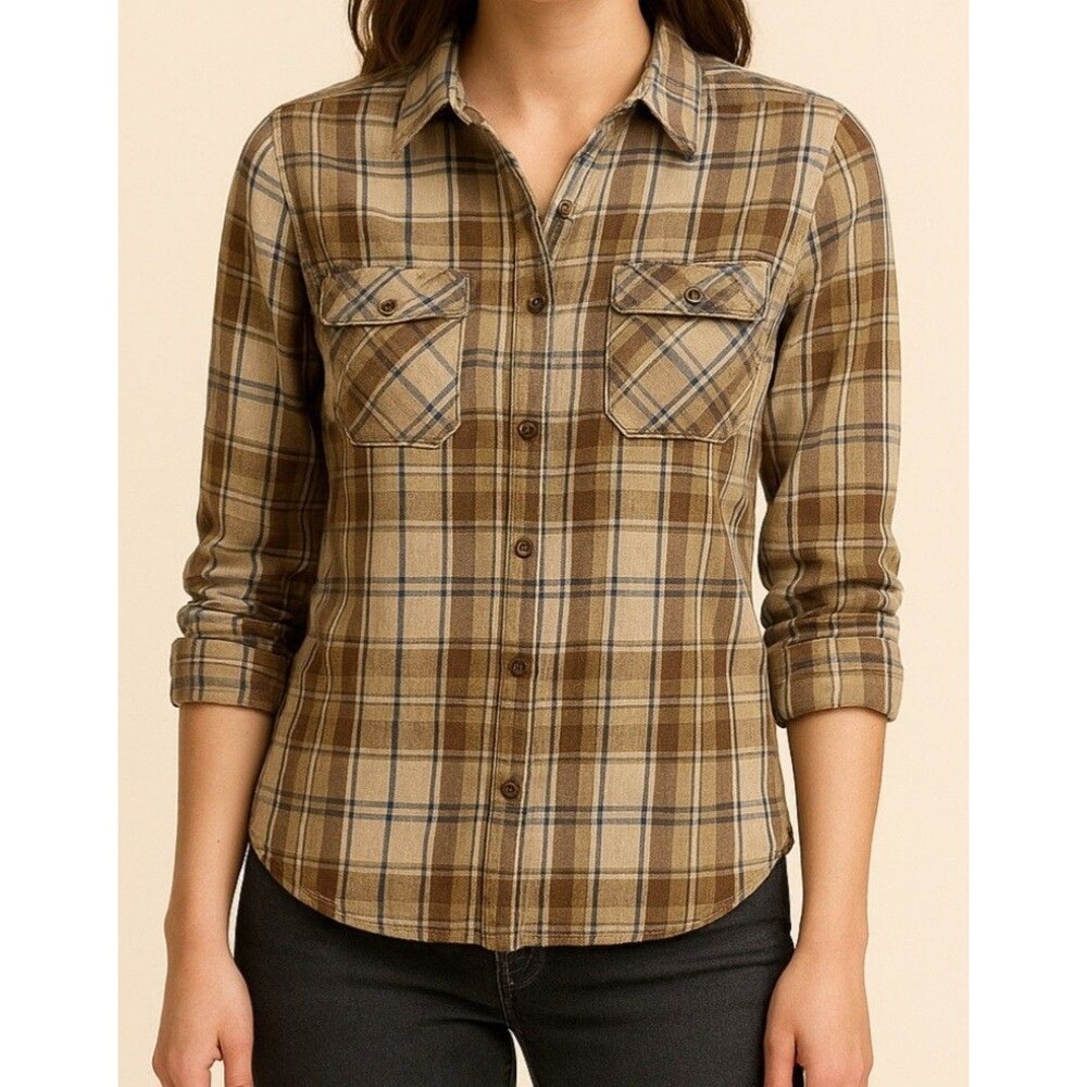 Superdry Co Plaid Button Down Western Blouse Top Medium 100% Cotton Tan Blue